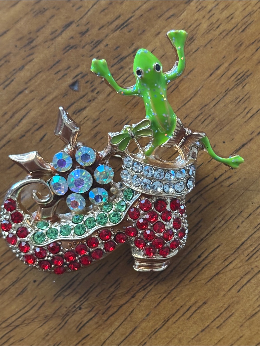 Green Enamel Frog and Red Crystal Shoe Brooch